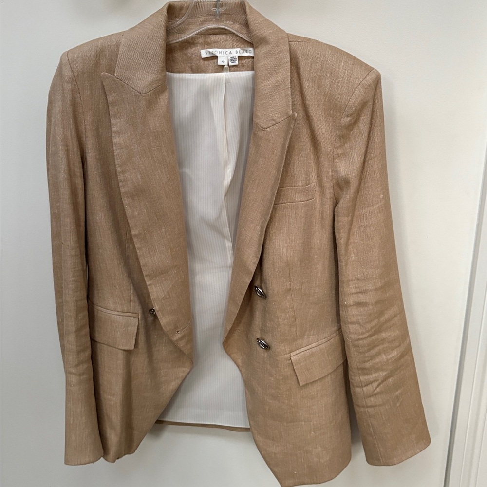 Veronica Beats linen  Beige Blazer with Button Accents